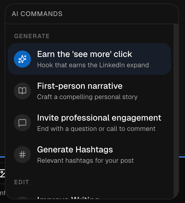 AI commands menu for LinkedIn: generate hooks, narrative, engagement, and hashtags